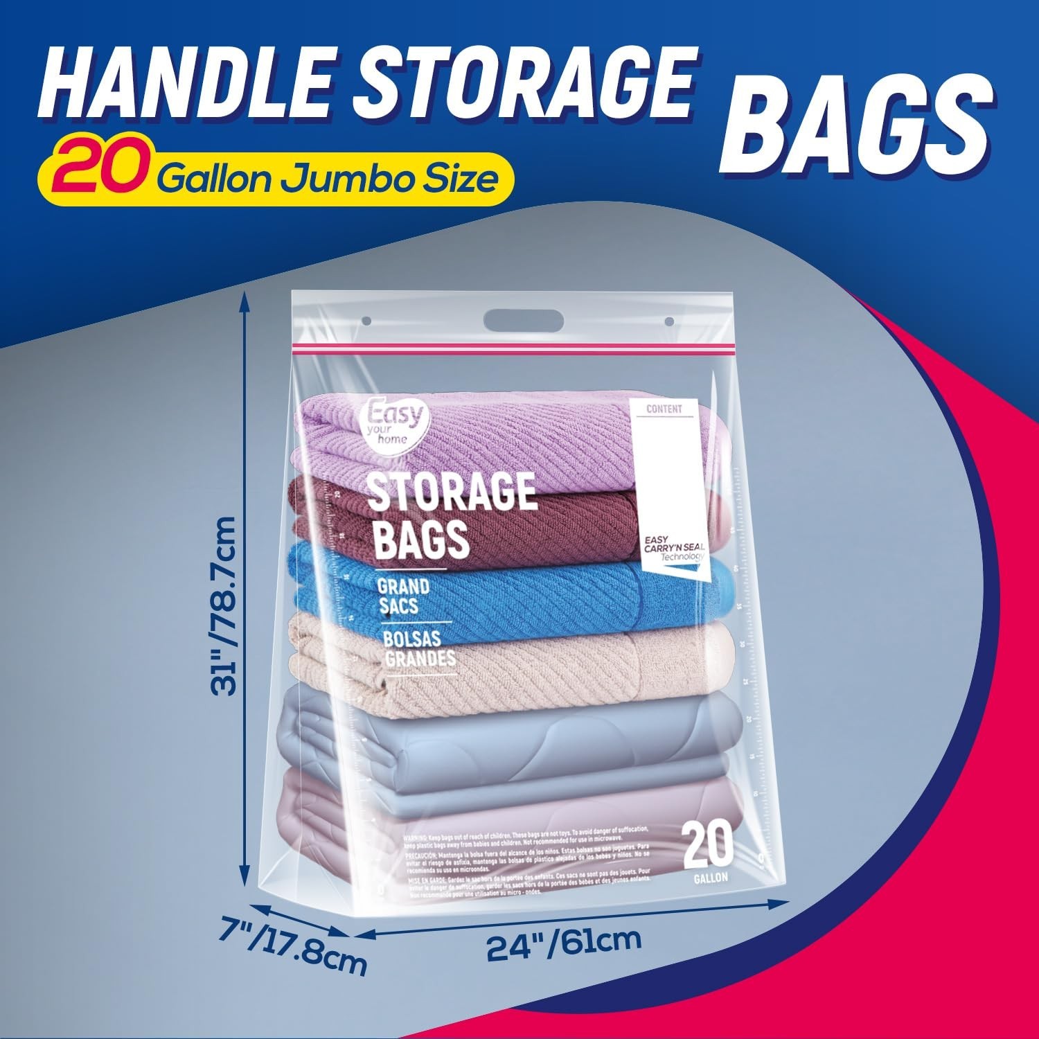20 Gallon Jumbo Zipper Lock Plastic Bags with Handle and bottom,24″ x 31″+7″,…