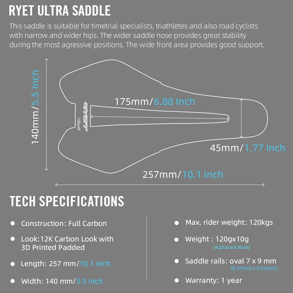 Full Carbon 3D Printed Bicycle Saddle 140mm Triathlon Road MTB Gravel Bike Seat