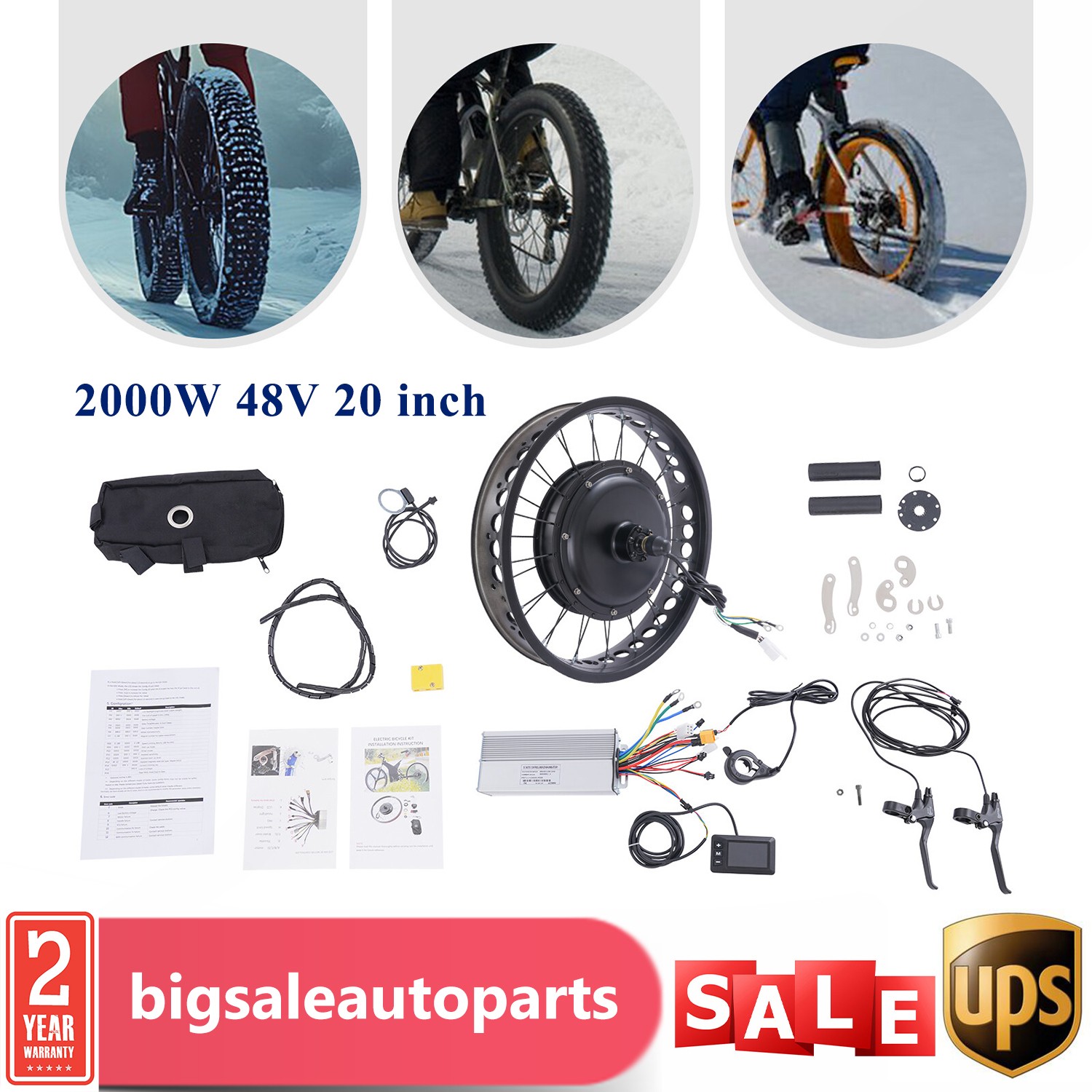 20″ 48V Fat Tire E-Bike Rear Wheel Hub Motor Electric Bike Conversion Kit 2000W