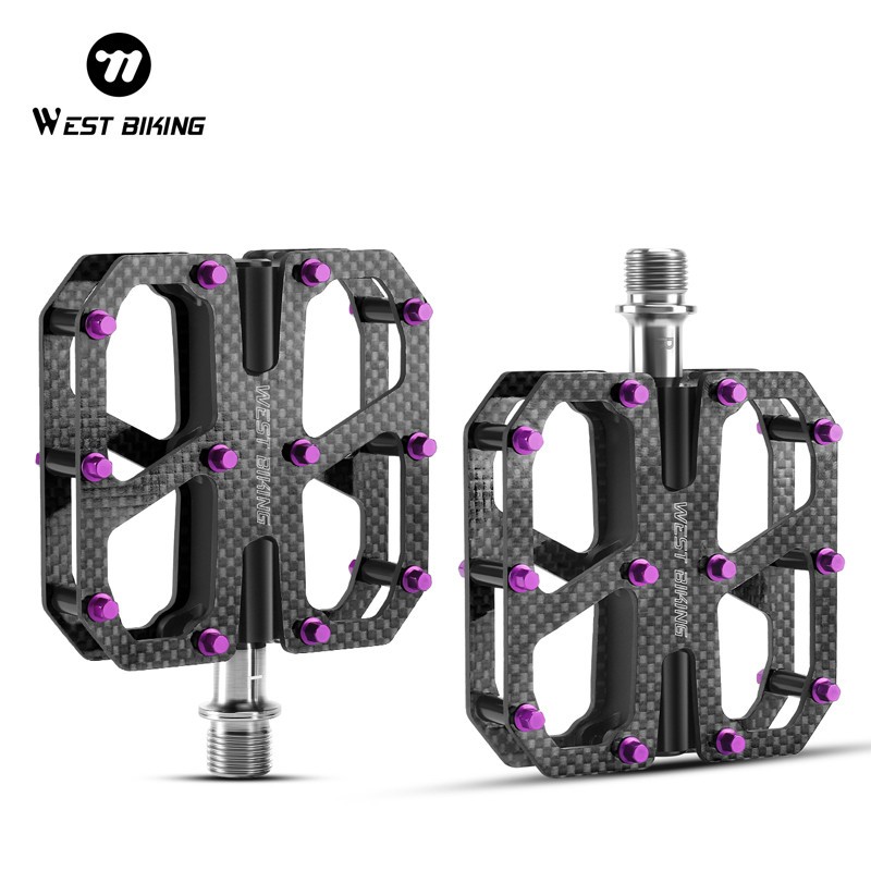 WEST BIKING Carbon Fiber Road Bike Pedals 3 Bearings Titanium Axis Pedals Purple