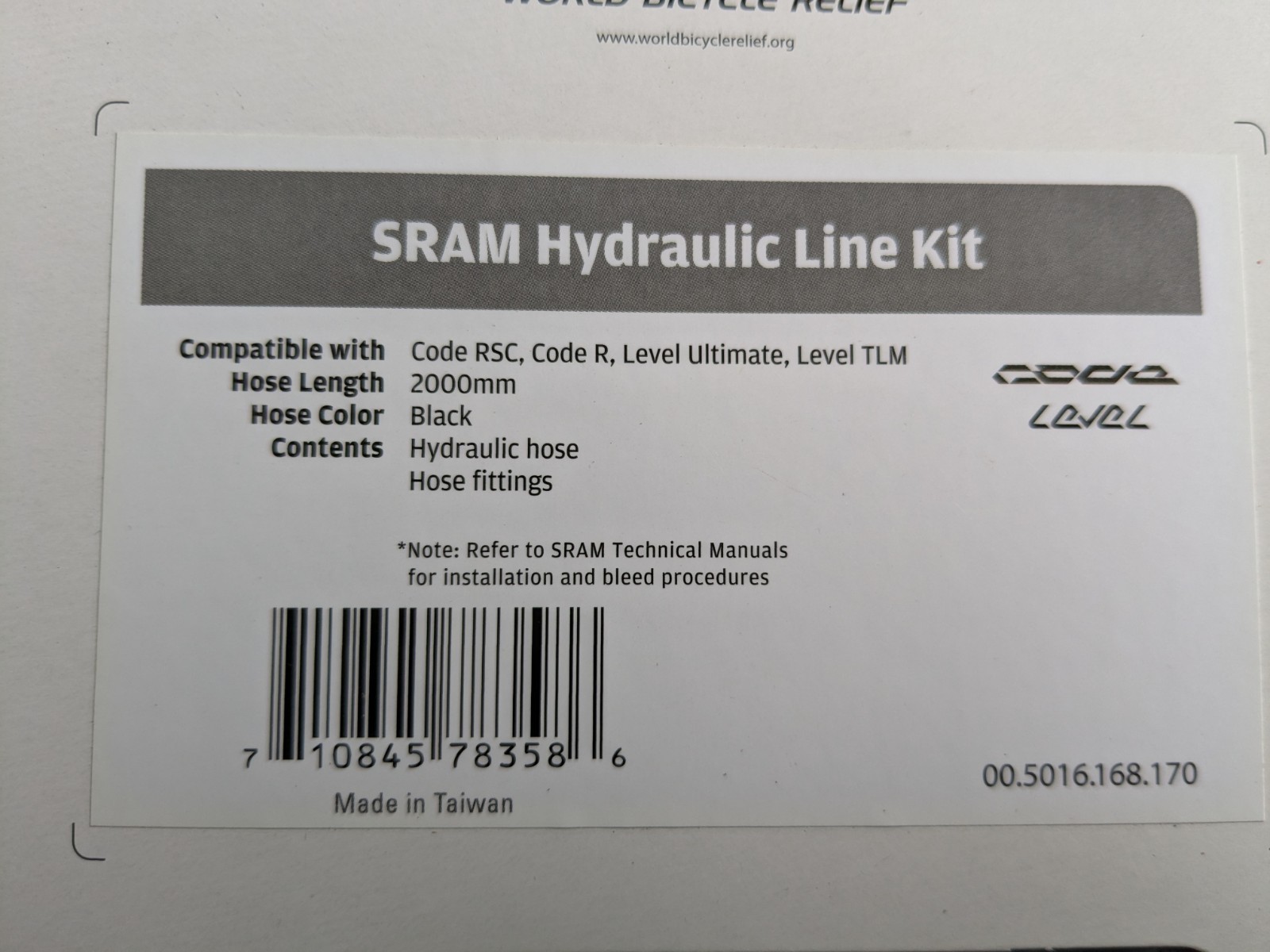 SRAM Hydraulic Hose Kit (2000mm) Code RSC/R, Level Ultimate/TLM