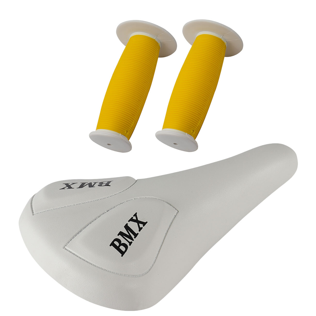 PRO+ White BMX Vinyl Saddle & Yellow/White Mushroom Grips BMX BIKE
