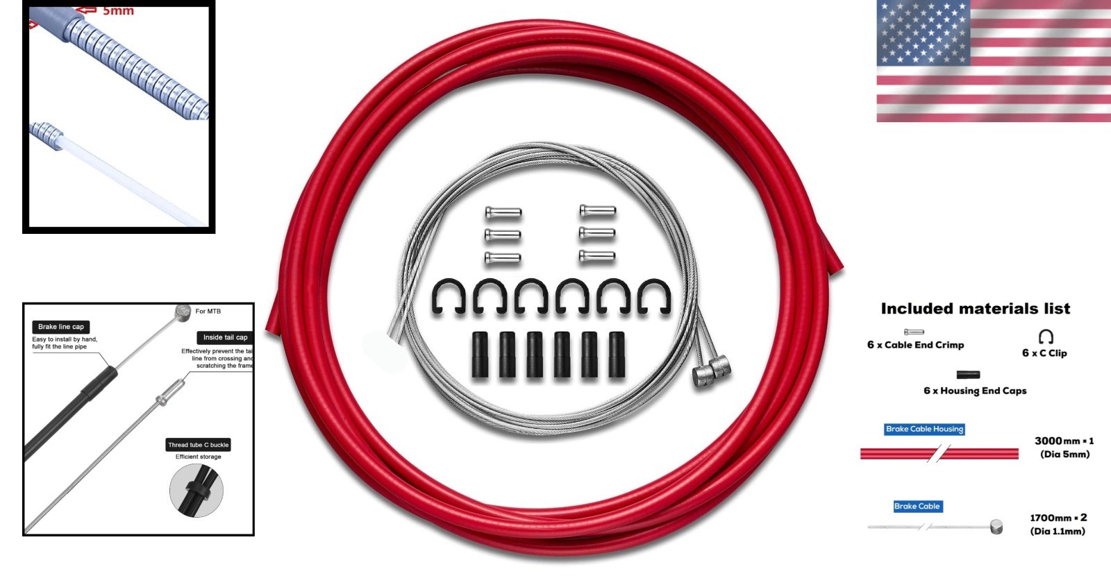 Complete Brake Cable Set with 9.8ft Red Housing – Durable and Reliable