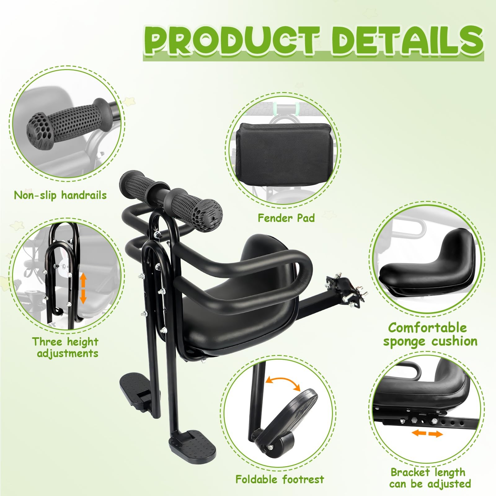 Zukka Child Bike Seat Front Mount Guardrail Retractable Baby Bike Seat Toddler