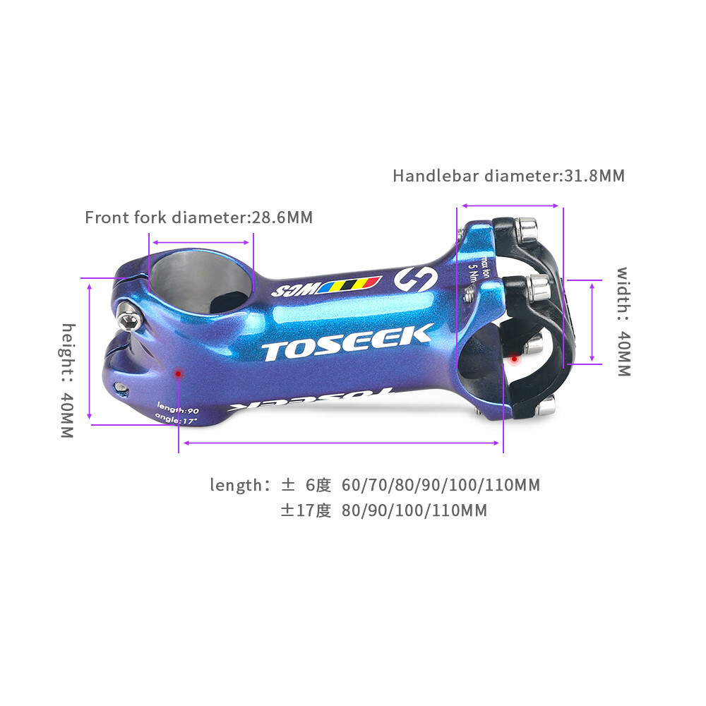 TOSEEK Bicycle Stem 6°/17° Aluminum Mountain Road Bike Stem 60-110mm 28.6*31.8mm