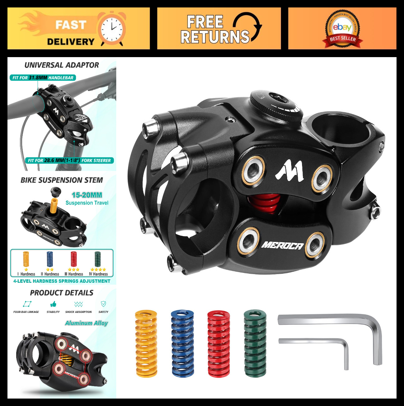 Adjustable Bike Suspension Stem 31.8mm, MTB Shock Absorbing Handlebar, 90mm Leng