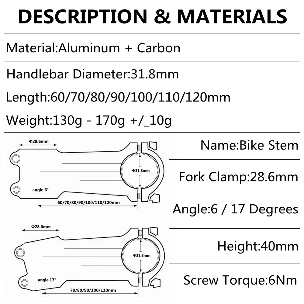6/17 Degrees Carbon Bicycle Stem Mountain Road Bike Stem Length 60-120mm