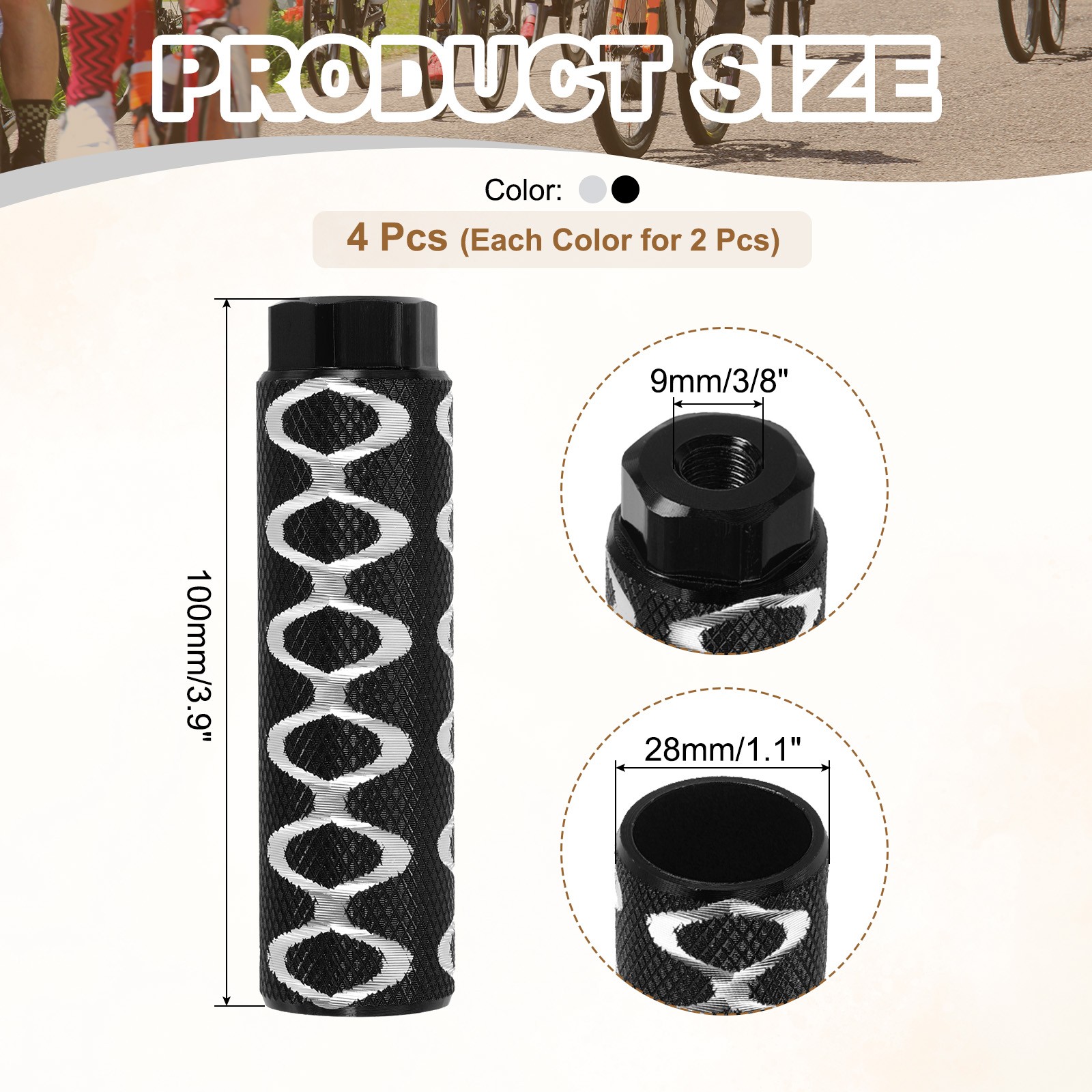 4 Pack Aluminum Alloy Bike Pegs Anti-Skid Fit 3/8 Inch with Circle Silver/Black
