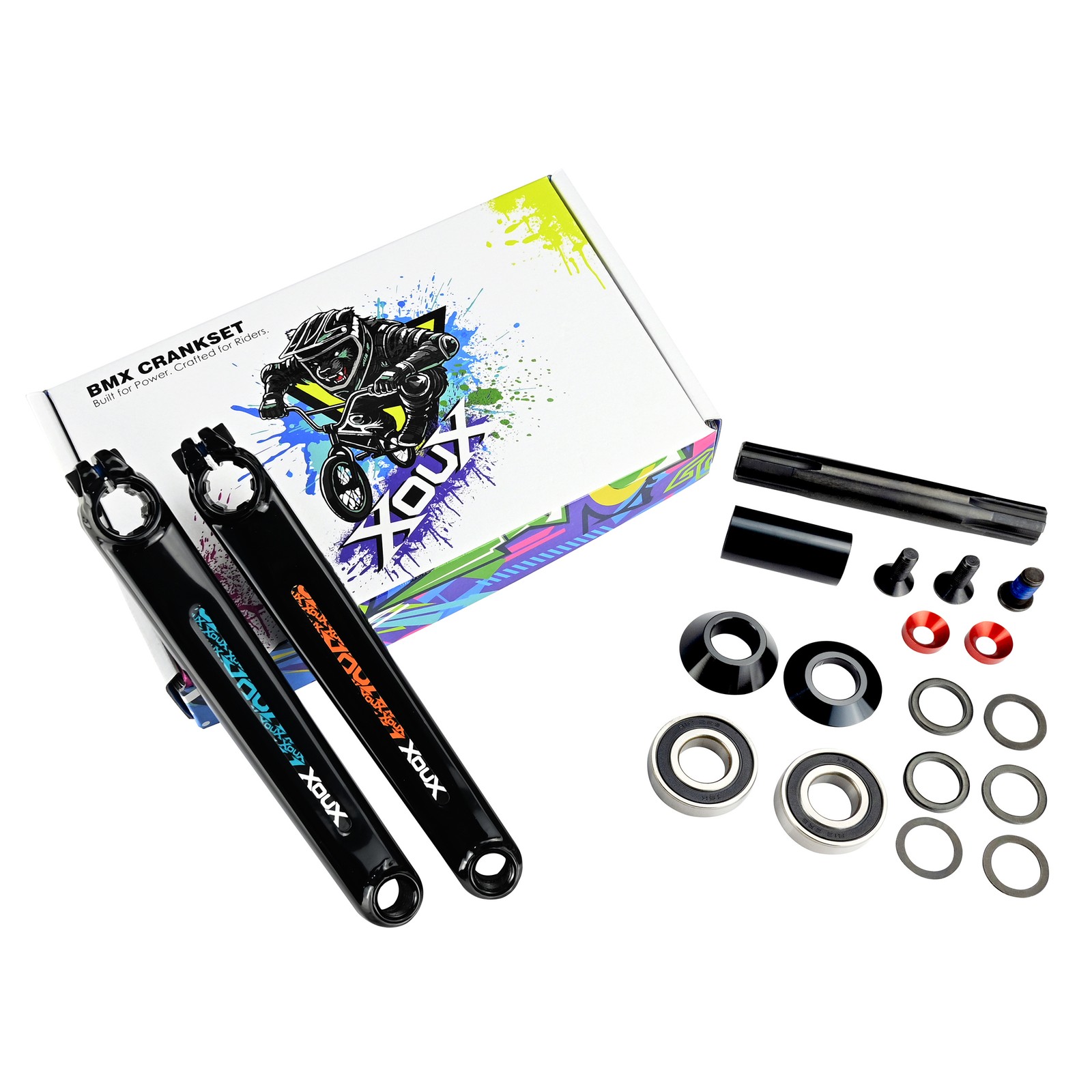 XOUX TITAN BMX Crankset 3pc 180mm Gloss Black Cr-Mo Cranks 19mm Spindle + BB