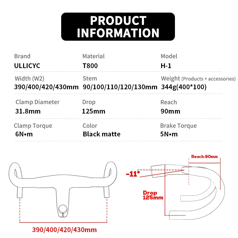 -11° Carbon Fiber Integrated Road Bike Handlebar Width 390/400/420/430mm