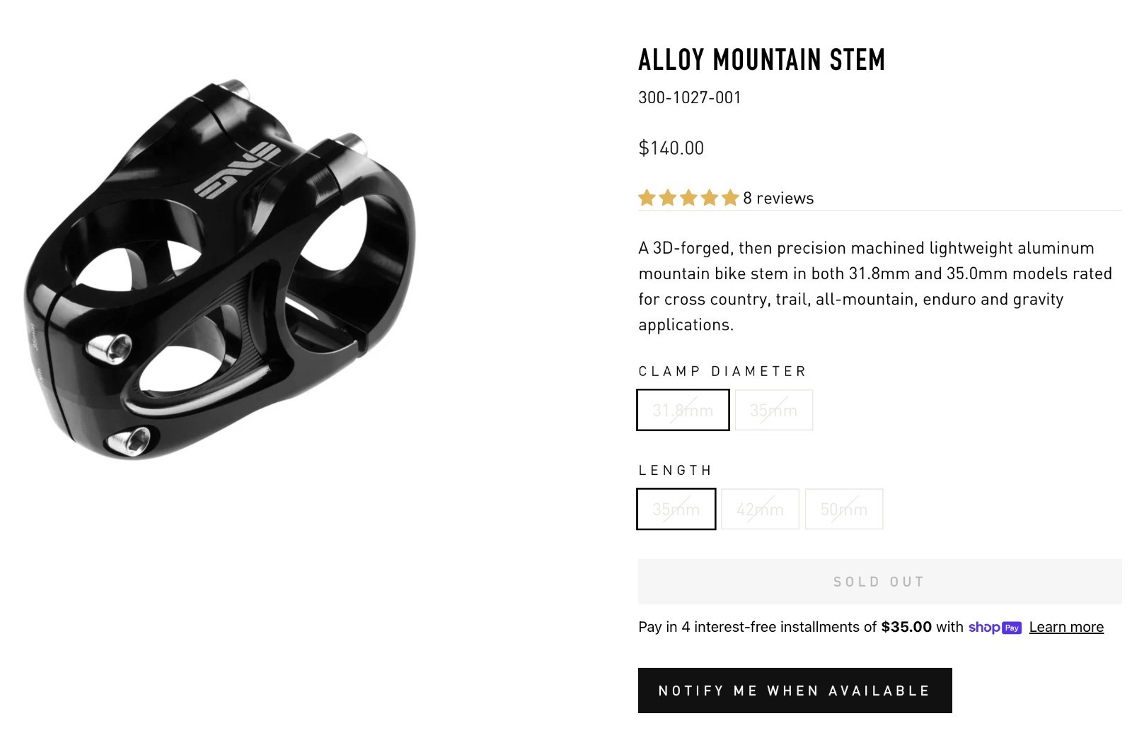 ENVE Alloy Mountain Stem, 31.8 clamp dia., 65mm length, +/-0 deg