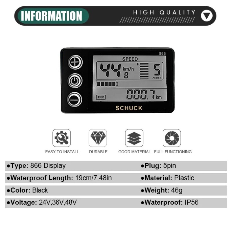S866 LCD Display with 5 Pin Waterproof Female Connector for E-Scooter E-bike