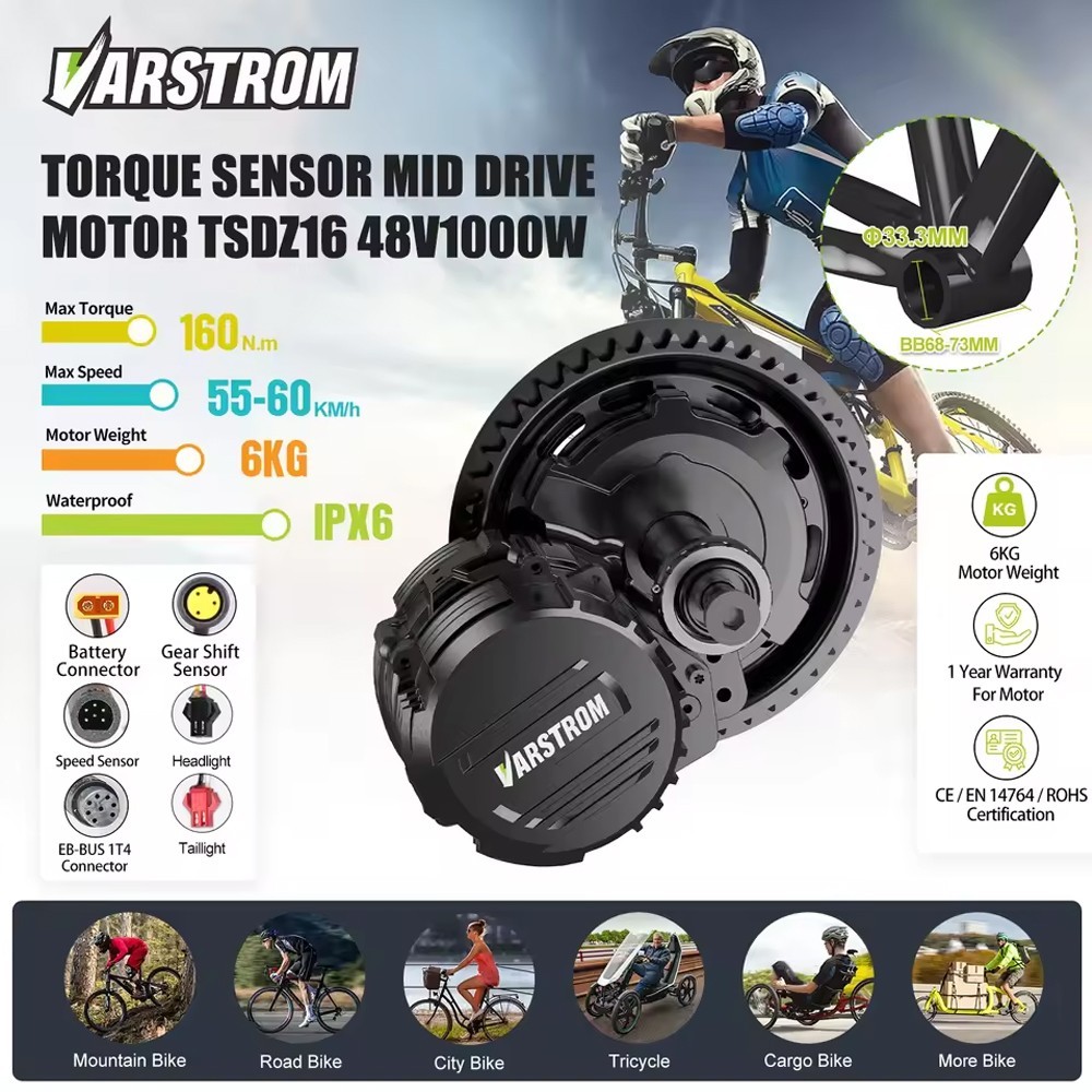 TSDZ16 48V1000W68-73mm Torque Sensor Mid Drive Motor 160N.m Ebike Conversion Kit