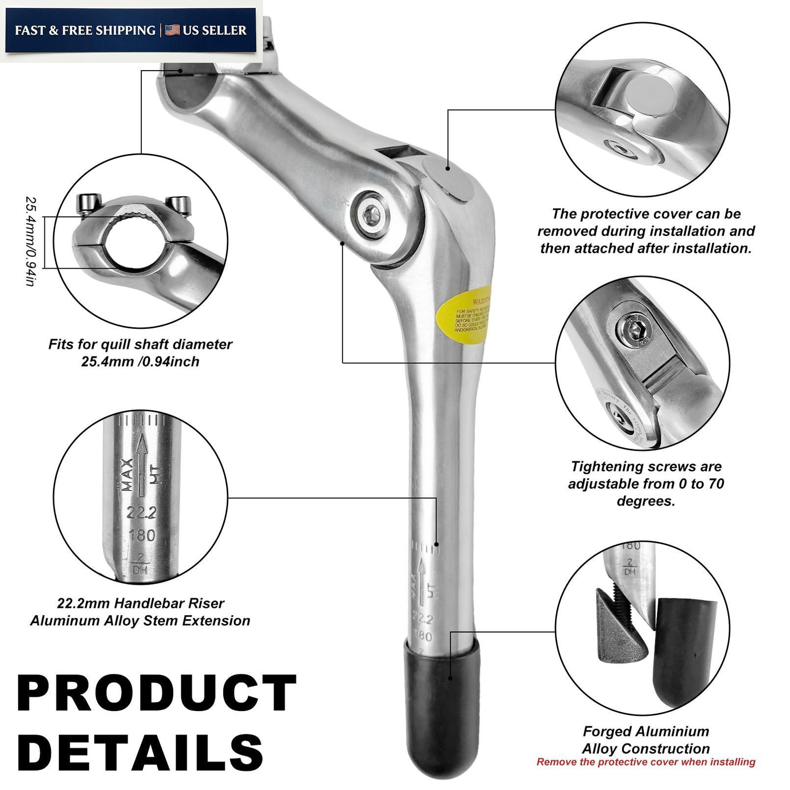Relwears Silver Bike Quill Stem,Adjustable 22.2*180*25.4*110 mm, silver