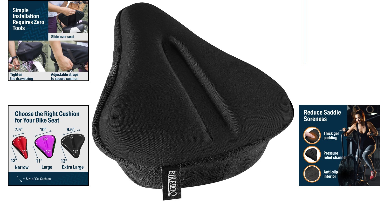 All-in-One Gel Seat Cushion for Exercise Bikes – Large, 11″x10″, 120kg Capacity