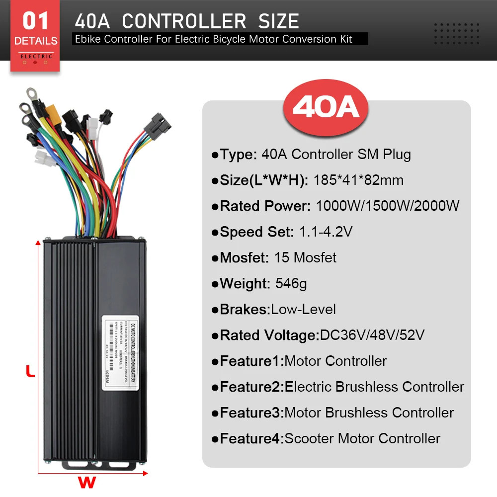 Ebike Sine Wave Controller 40A Three-Mode 36/48/52V with S866 LCD Color Display