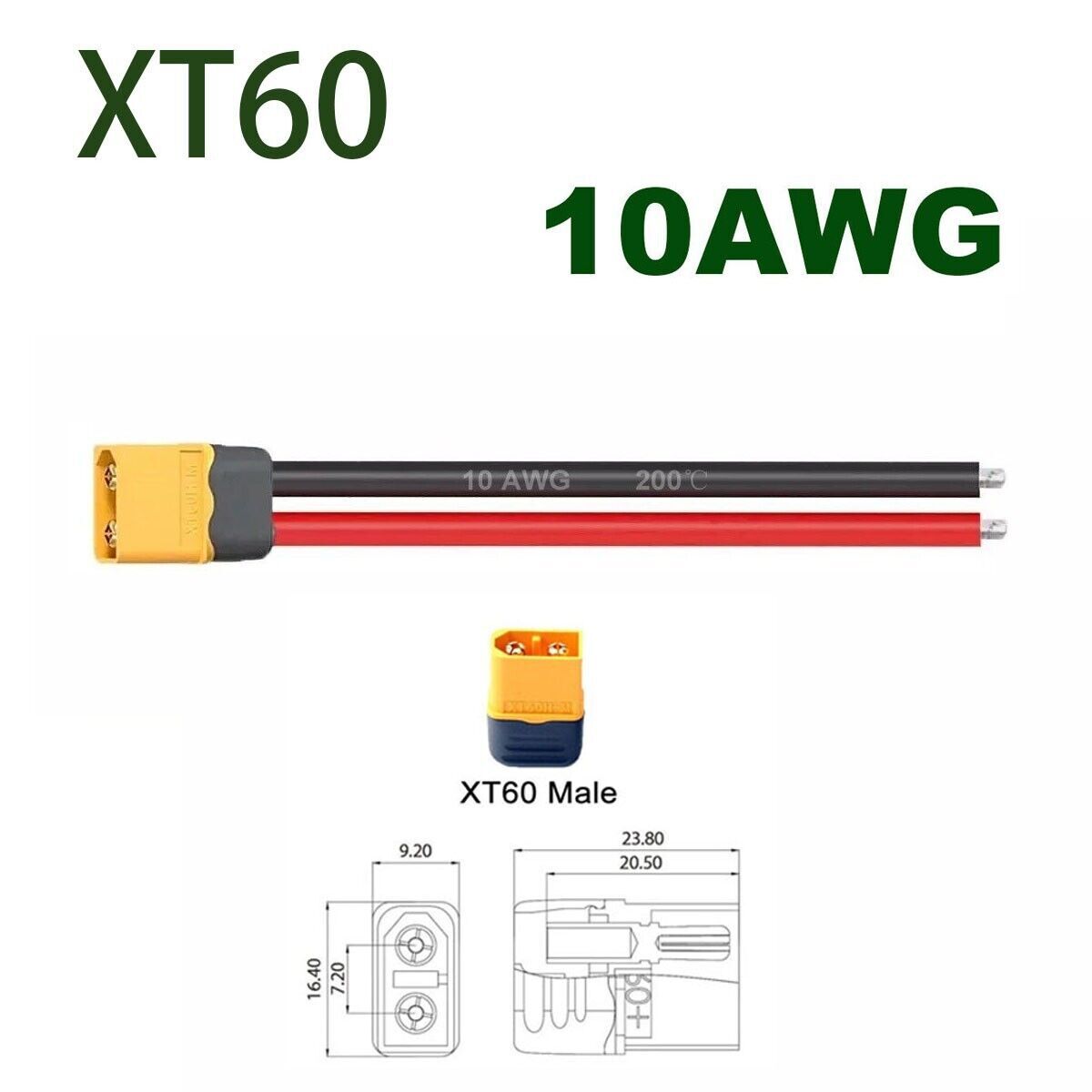 XT60 Plug Male Connector with 10AWG Silicon Wire Cable Ebike Lipo Li-Ion Battery