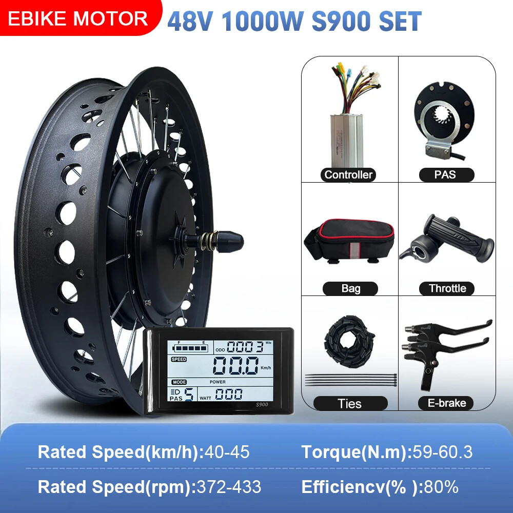 48V 1000W Snow Electric Bike Fat Brushless Front Hub Motor Wheel 20/24/26Inch