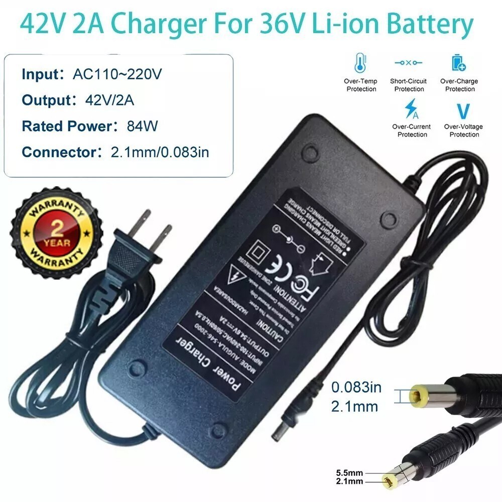 42V 2A Adapter Charger 36V Lithium Battery with 5.5mm*2.1mm DC Plug Port 84W 2