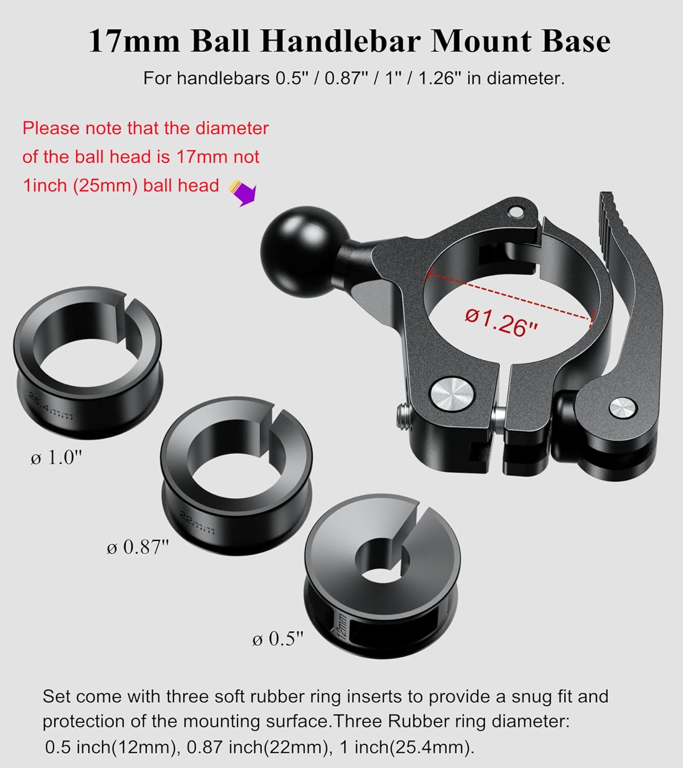 BRCOVAN 17Mm Ball Handlebar Clamp Mount Base | Fit for round Rails 0.5» / 0.875