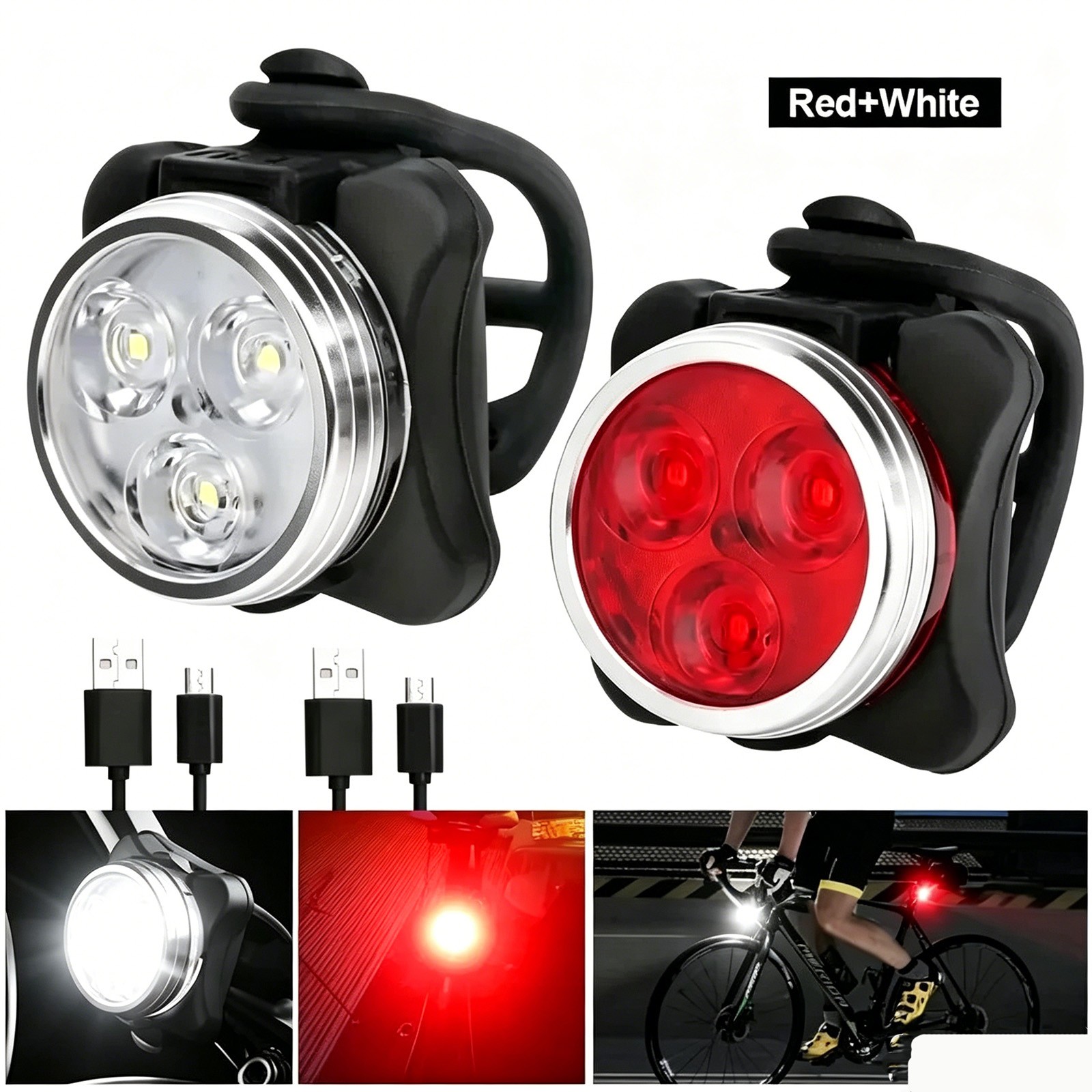 2 Pack USB Rechargeable LED Bicycle Light Set Front Rear Cycling Lamp