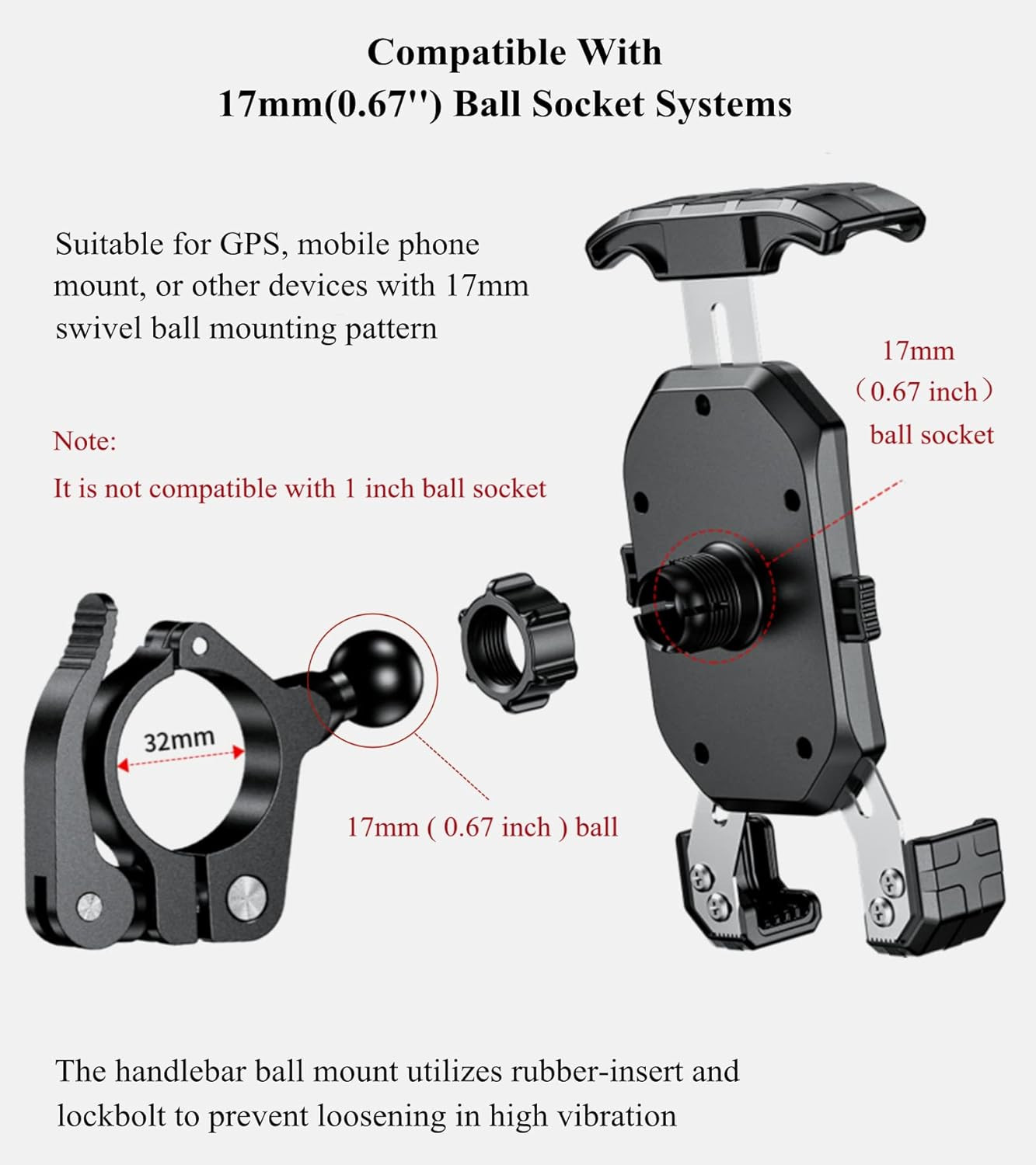 BRCOVAN 17Mm Ball Handlebar Clamp Mount Base | Fit for round Rails 0.5» / 0.875