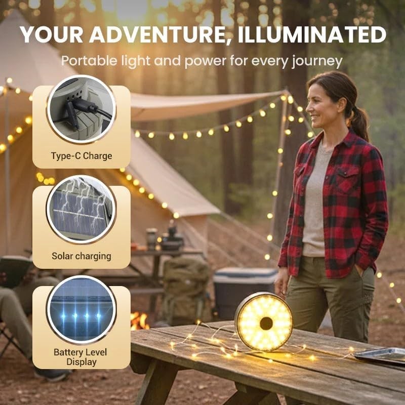 Camping Solar Light with 20m Retractable Strip Floodlight Spotlight USB C Solar