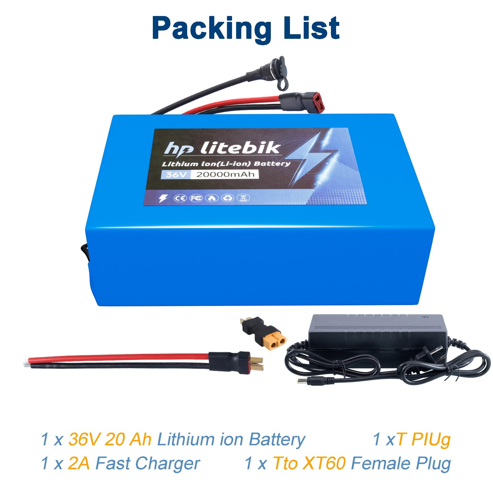 Electric Bicycle Lithium Battery 36V 20Ah for Bike 100-1000W Motors XT60 30A BMS