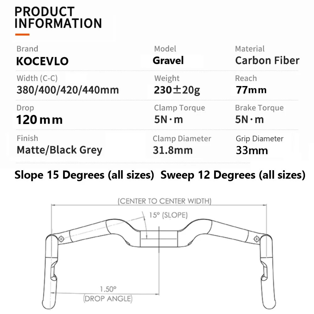 Carbon Fiber Gravel Bent Bar Racing Bicycle Handlebar 380/400/420/440mm Width
