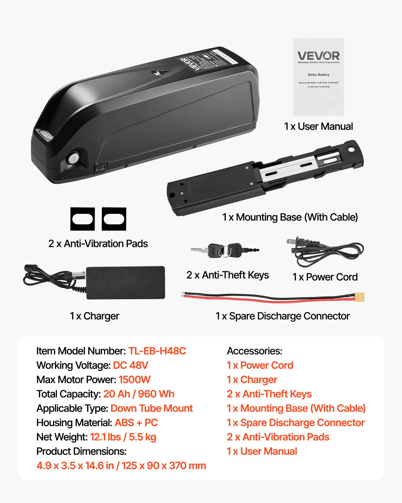 VEVOR Ebike Battery Electric Bike Lithium Battery 48V 20Ah for 1500W Motor BMS
