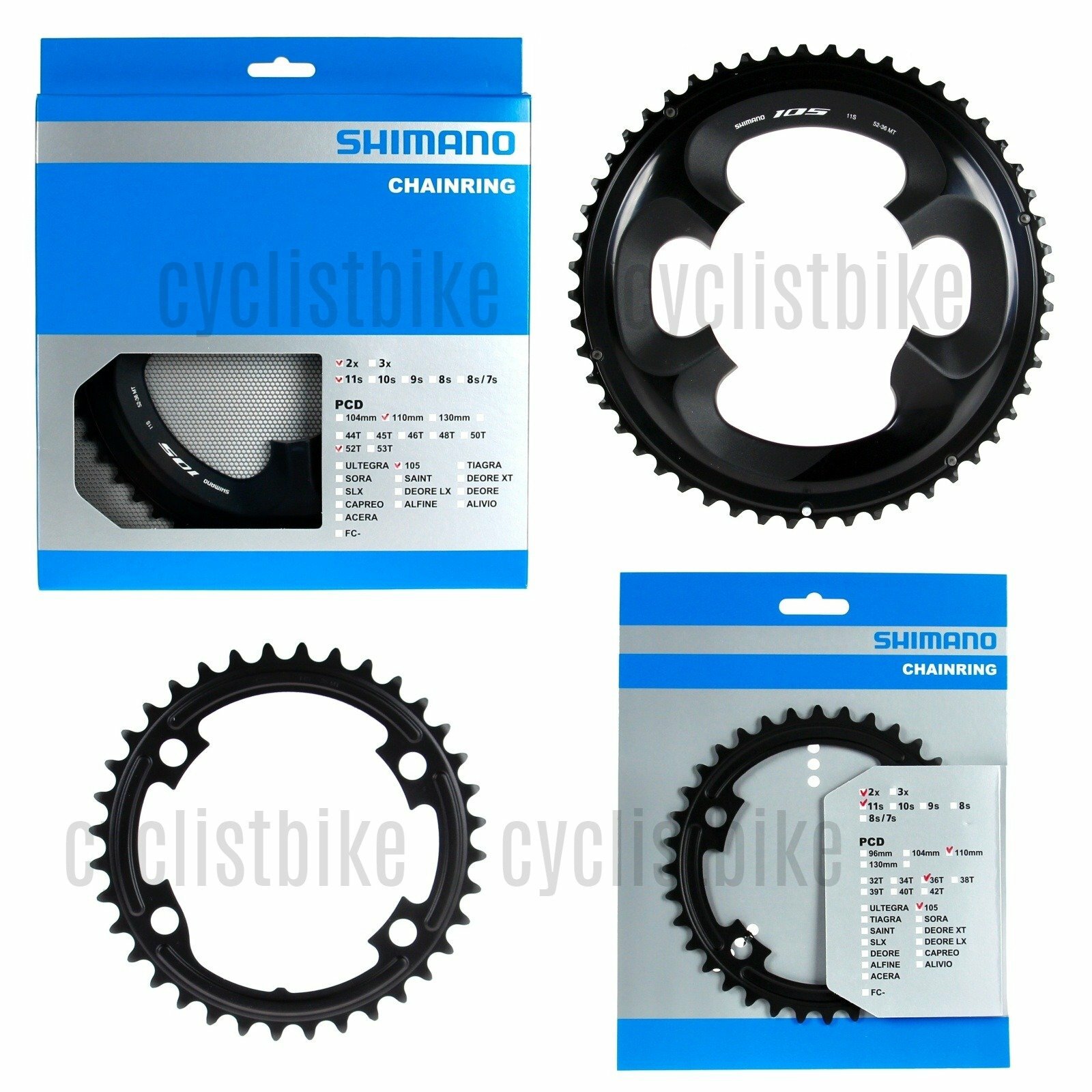 Shimano 105 FC-R7000 110mm BCD 4 Arm Chainrings – 52T & 36T MT Black NIB