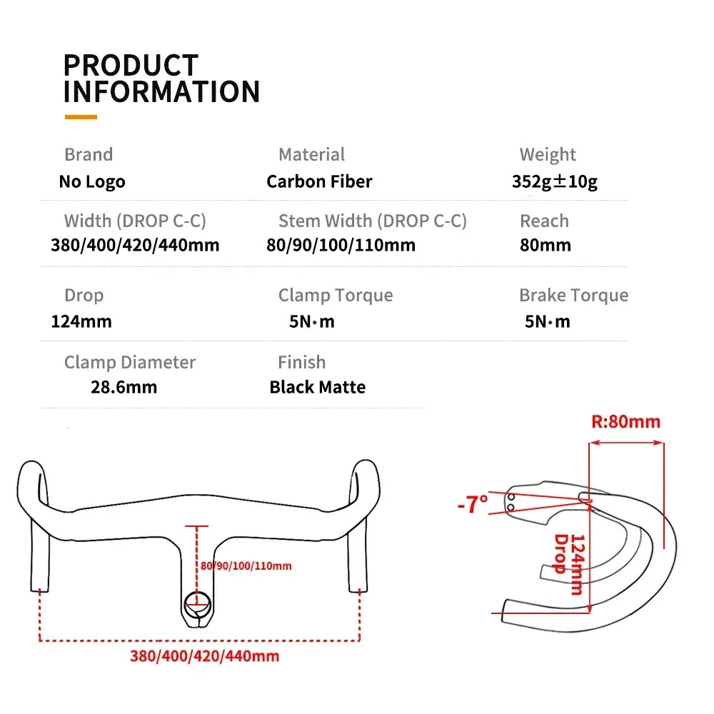 80-110mm Width Road Bicycle Carbon Handlebar Matte Internal Cable Di2 Drop Bar