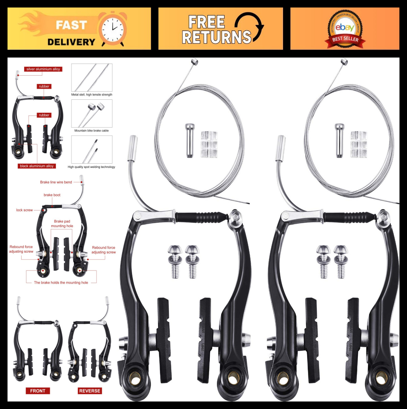 Universal Mountain Bike Brake Set – 2 Pairs, Replacement Cables & Accessories