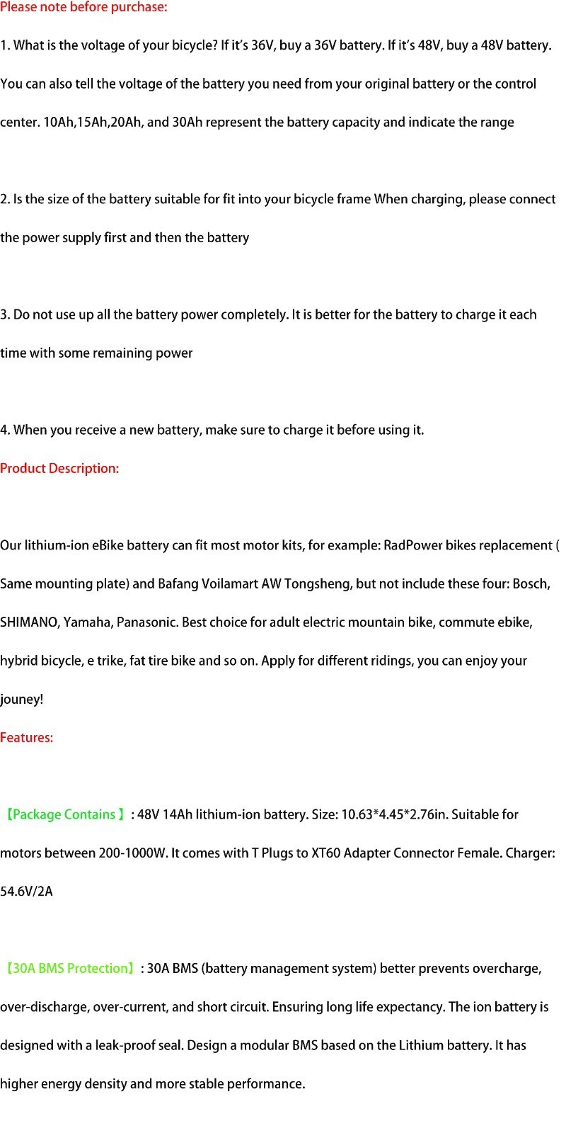 Ebike Battery 48V 14Ah Lithium ion Battery for 200W-1500W Electric Bicycle Bike