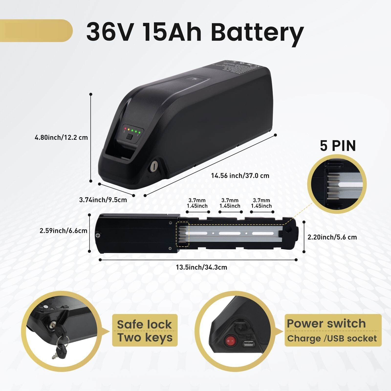 36V 15AH Lithium Ebike Battery 5Pin Base 350W/500W/1000W/1500W Electric Bike 40A