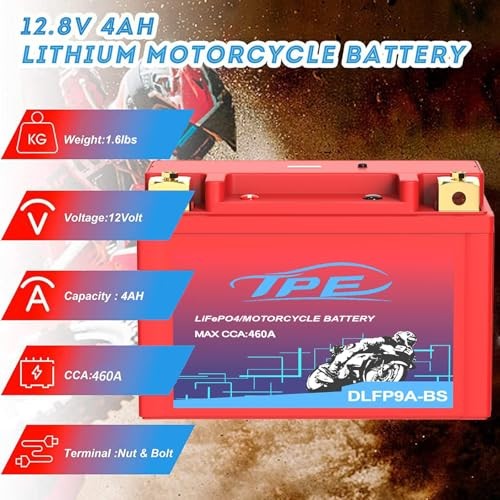 12V Lithium Motorcycle Battery YTX9A-BS 4AH 460CCA with Smart BMS & 9A-4AH-RED