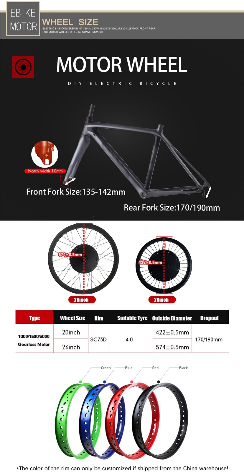 Snow Fat Tire E-bike Conversion Kit 500W-3000W 36V/48V/72V Front/Rear Motor