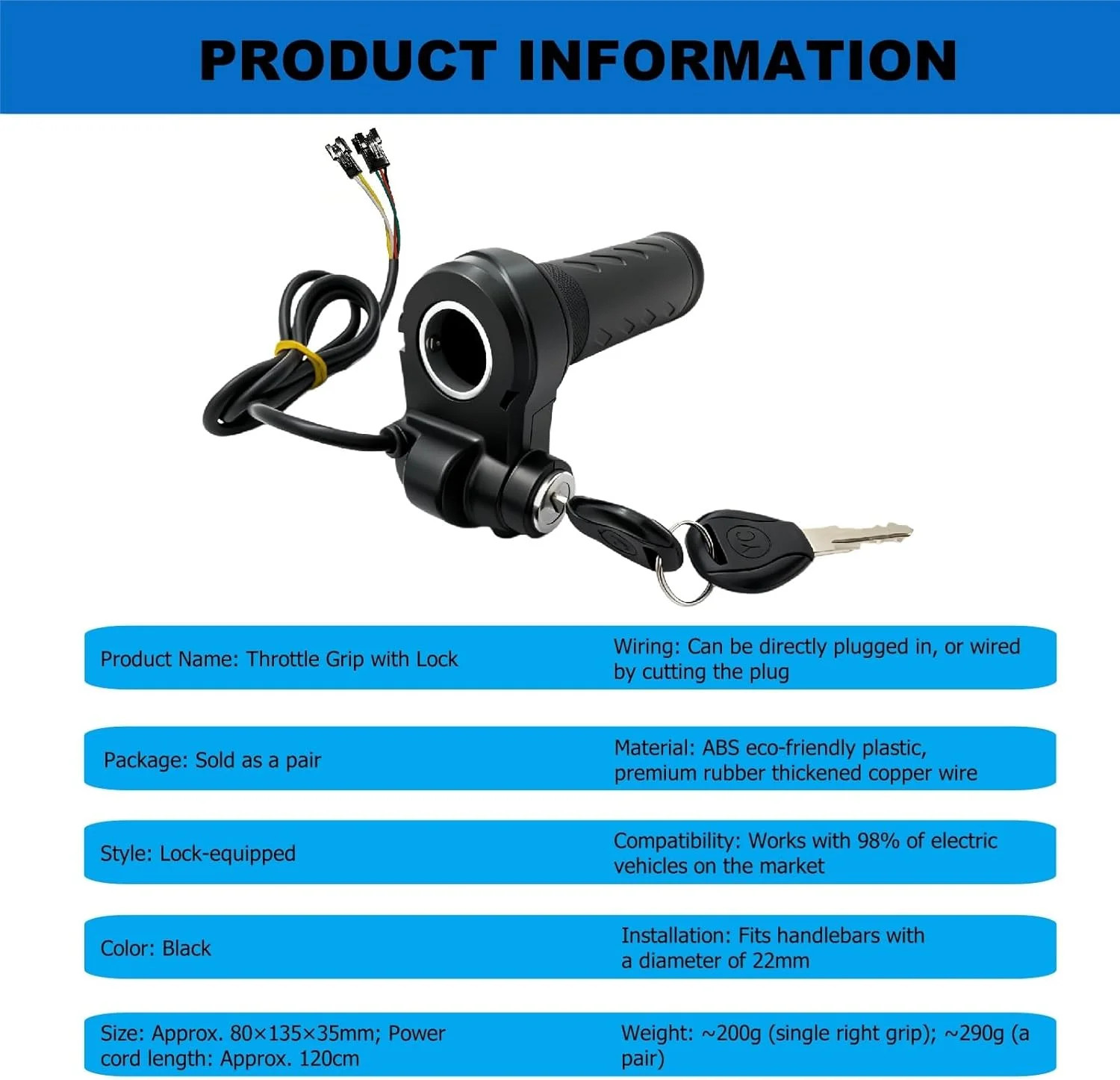 Full Twist Throttle for Ridstar Q20, 3-Pin Waterproof Ebike Throttle Grip with 2