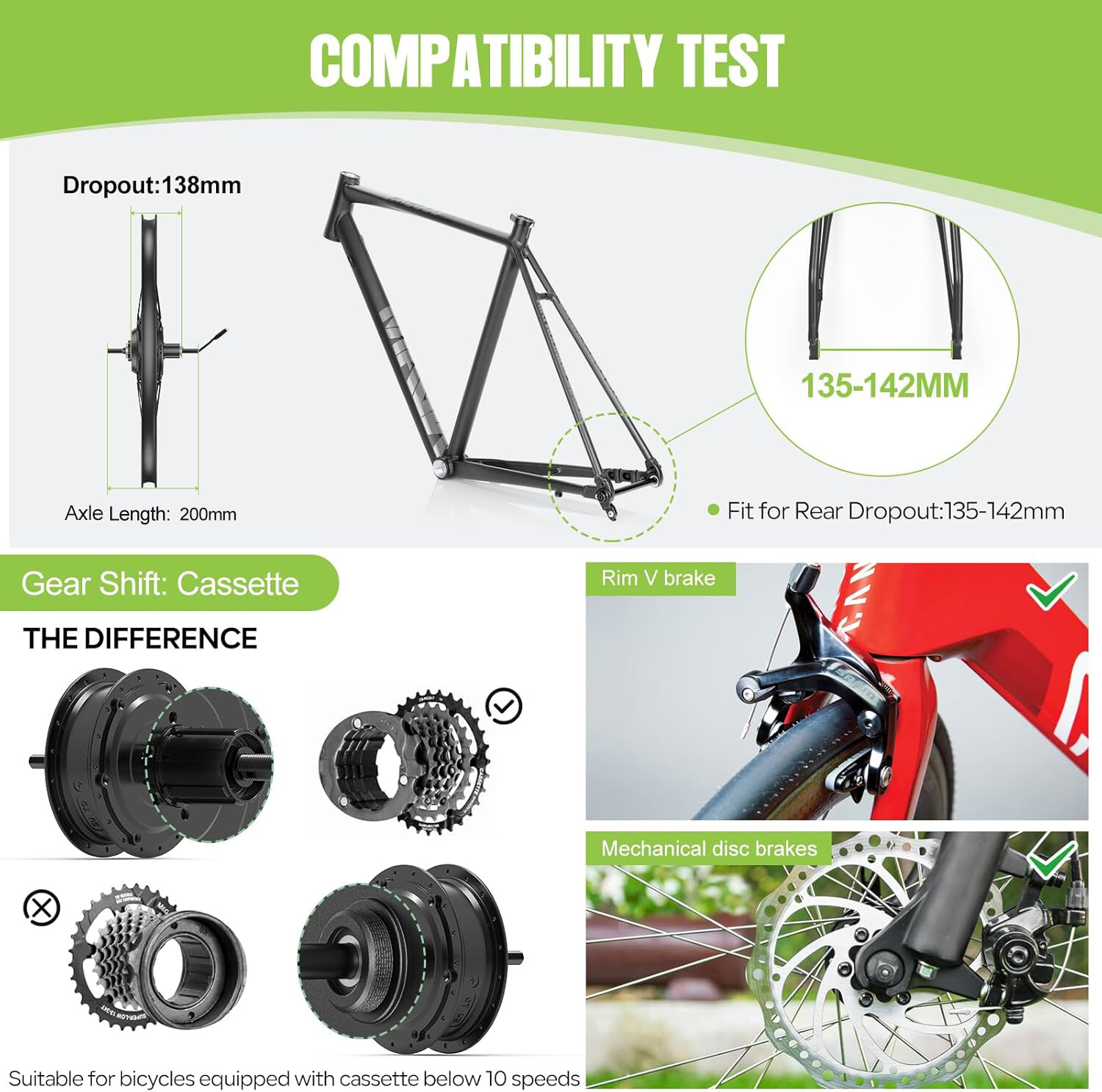 48V 750W Rear Hub Motor Electric Bike Conversion Kit 26″ 27.5″ 700C V-brake USA