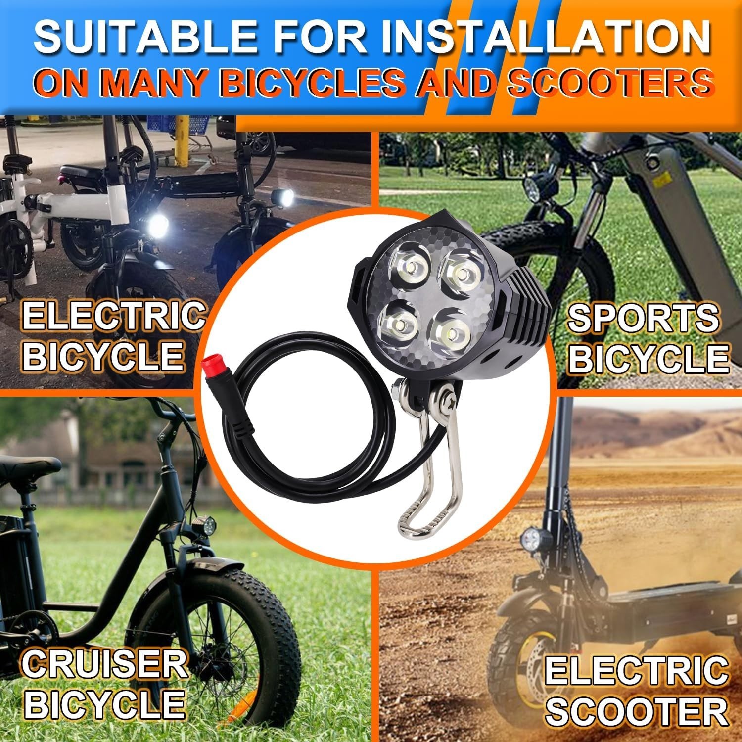 Ebike Headlight 48V 36V, 12V-60V Compatible, 2 Pin Waterproof Connector