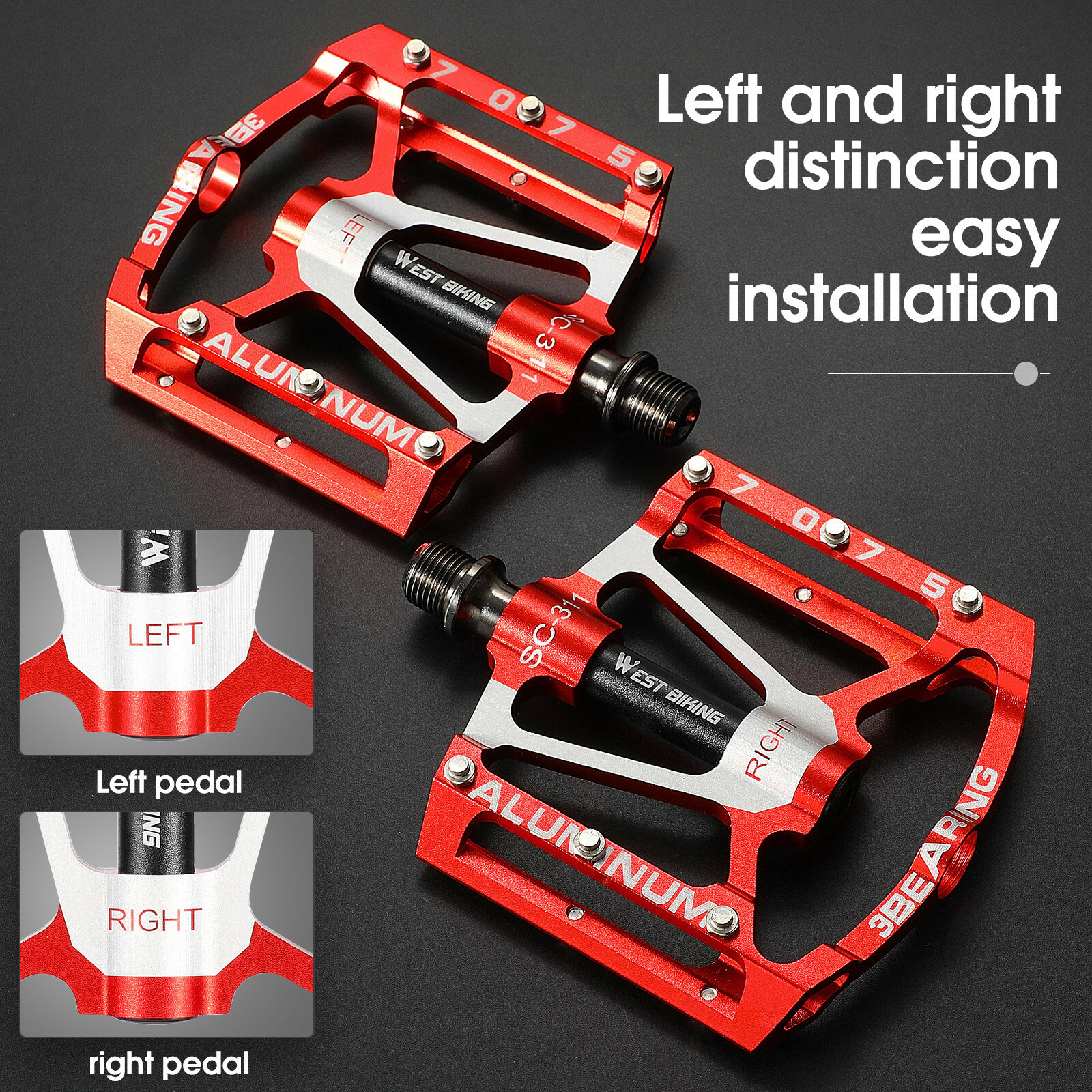 WEST BIKING Bicycle Pedals Aluminum 3 Sealed Bearing Cycling Bike Pedals Red