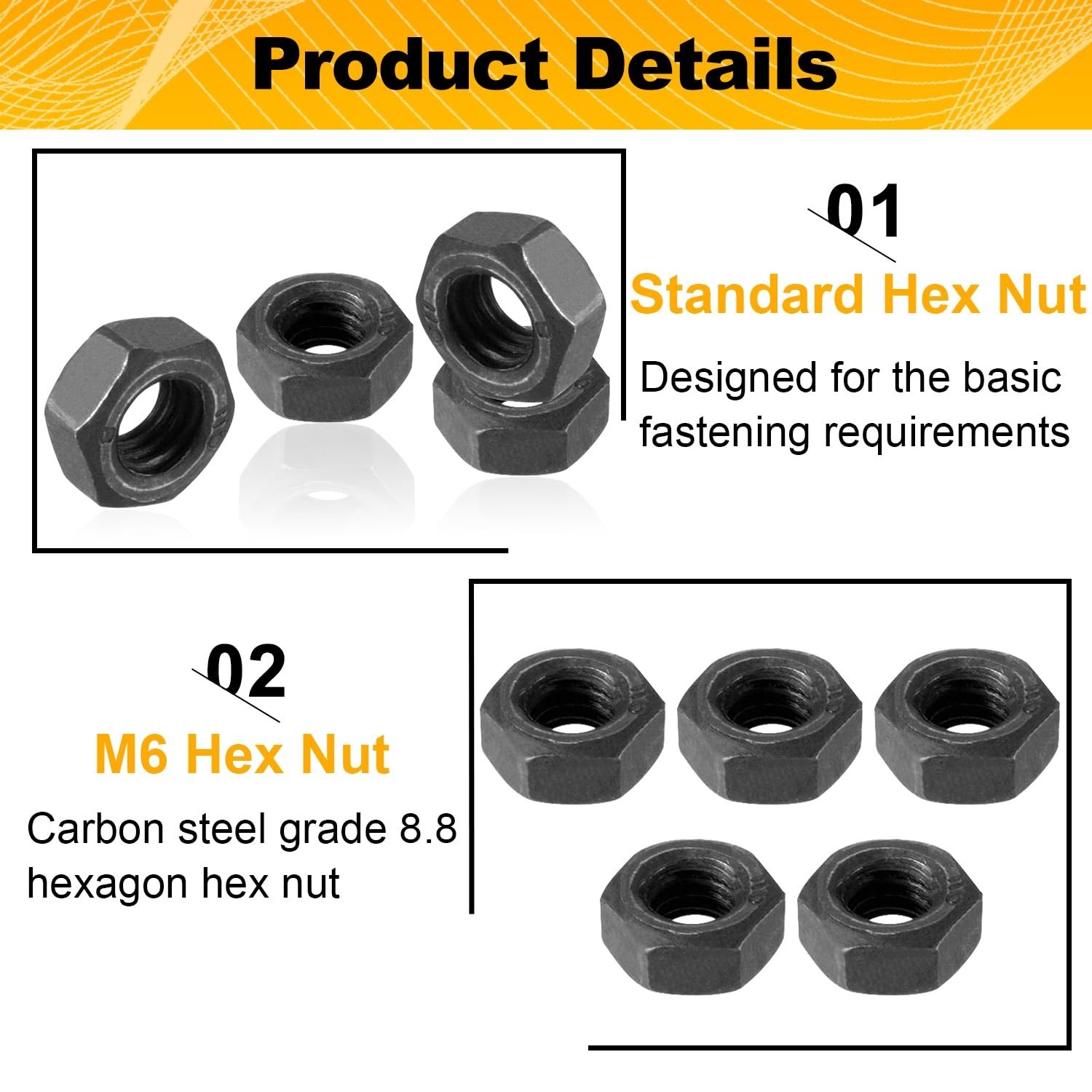 100pcs M6-1mm Hex Nuts, Carbon Steel, Black Oxide, M6 x 1.00mm Hex Drive, Gra…