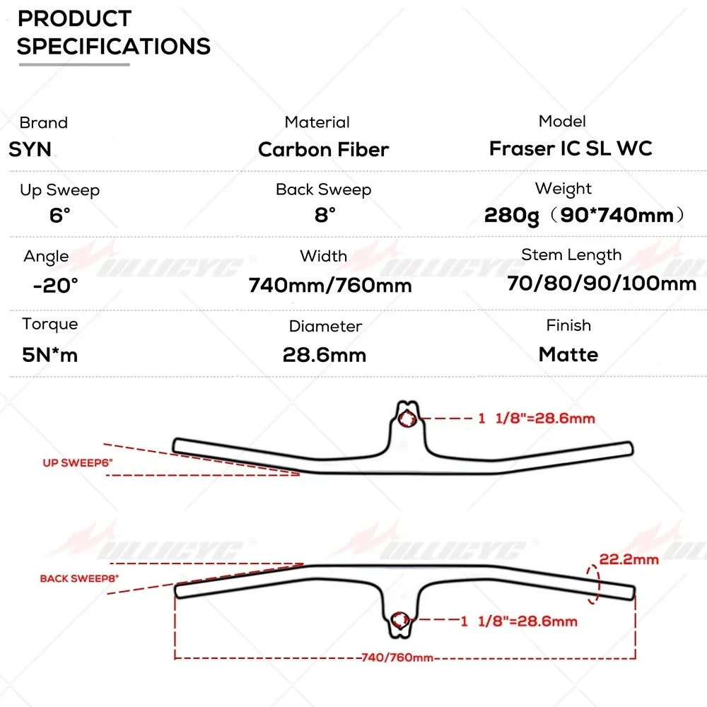 740MM -20 Degrees Full Carbon Fiber Integrated Cockpit MTB Riser Flat Handlebar