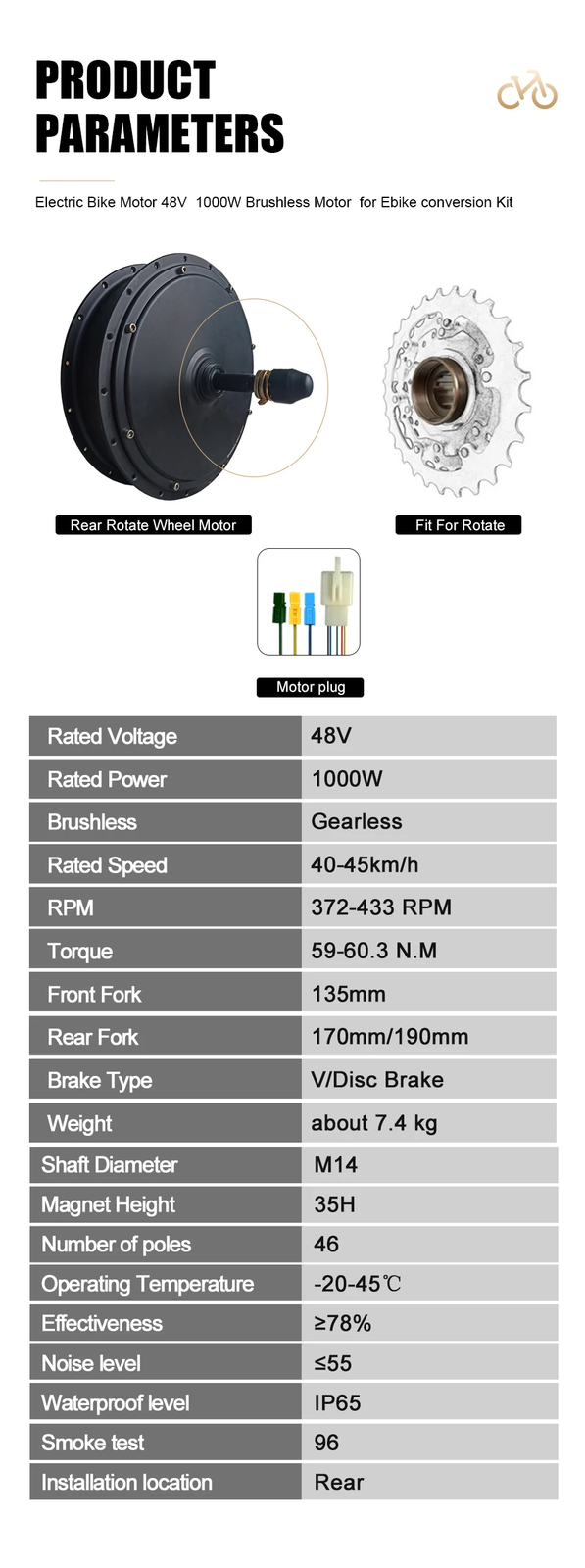 48V1000W E-Bike Conversion Kit 20 24 26» 4.0Tire Rear Rotate Motor 170 190mm