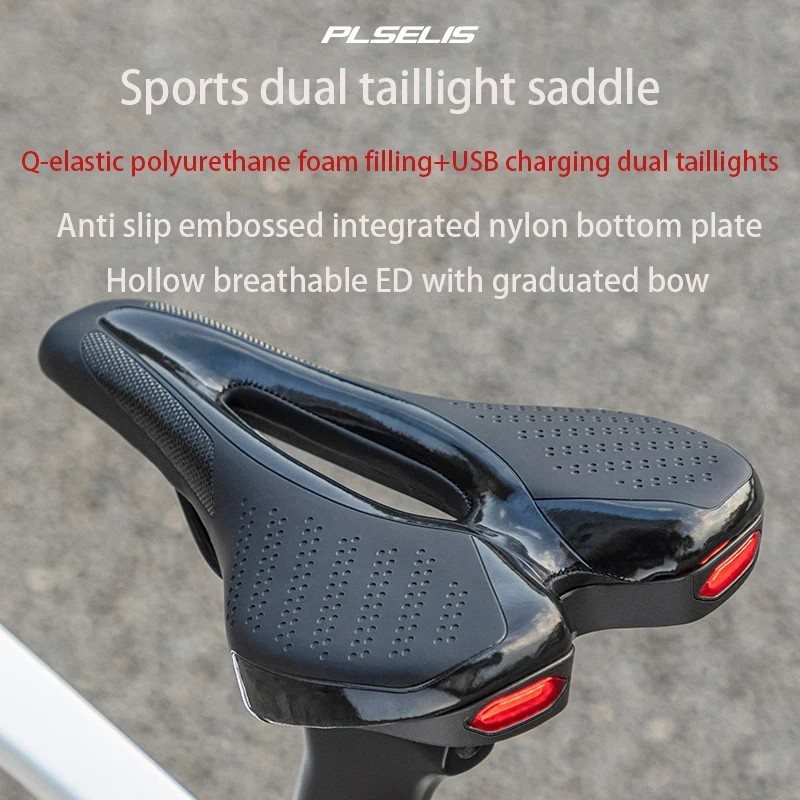 Bicycle Saddle with Dual Tail Lights USB charging PLSELIS MTB Road Bike