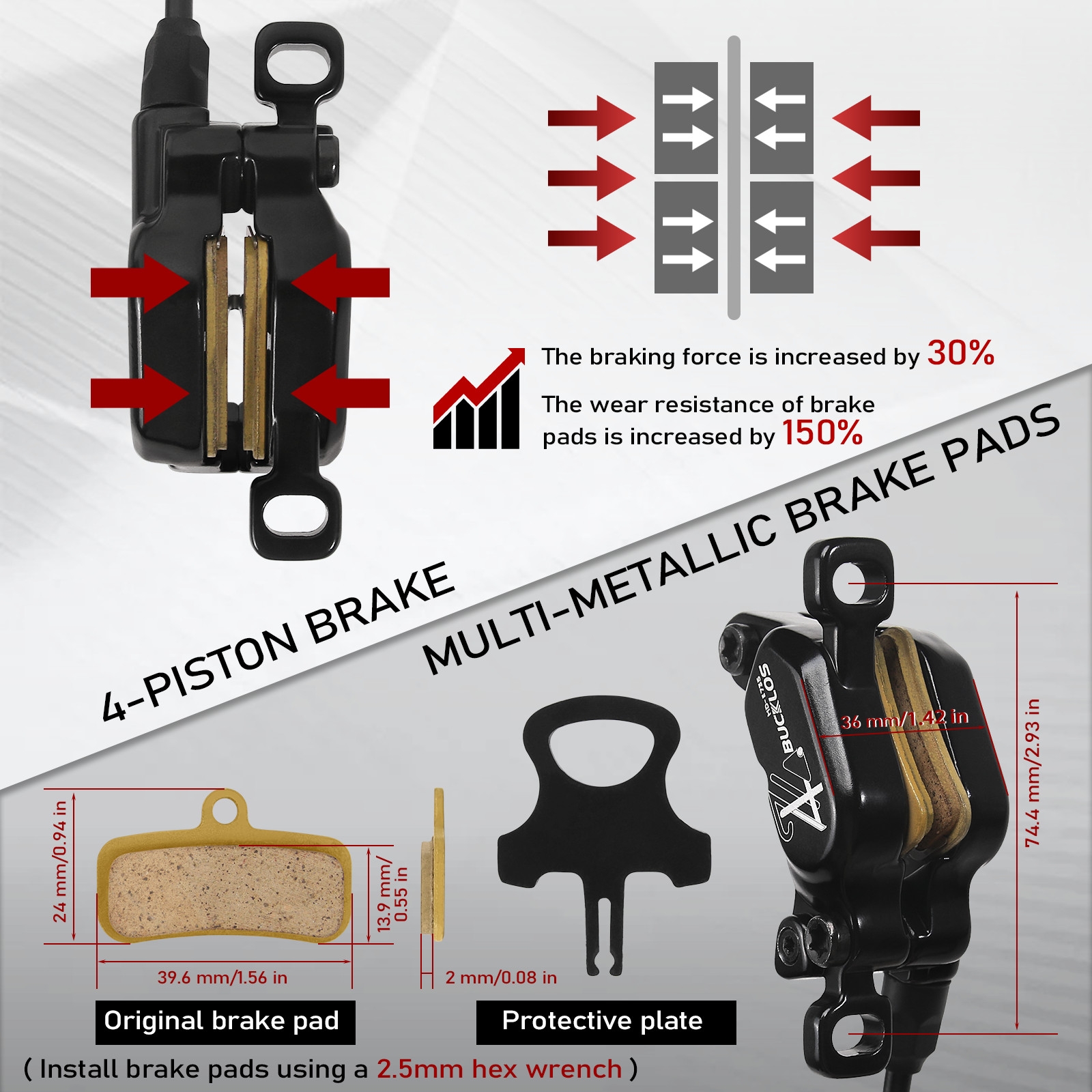 E-Bike Hydraulic Brakes Set Front/Rear 4-Pistons Power Off 1150&1950mm HD-E735