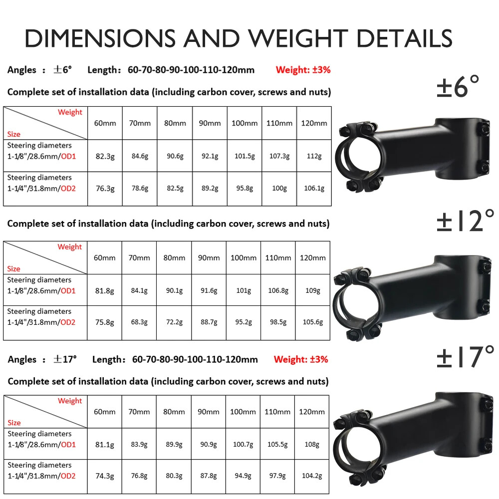 Road / Mountain Bike Carbon Stem 6° 12° 17° 60-120mm Fork Clamp Diameter 31.8mm