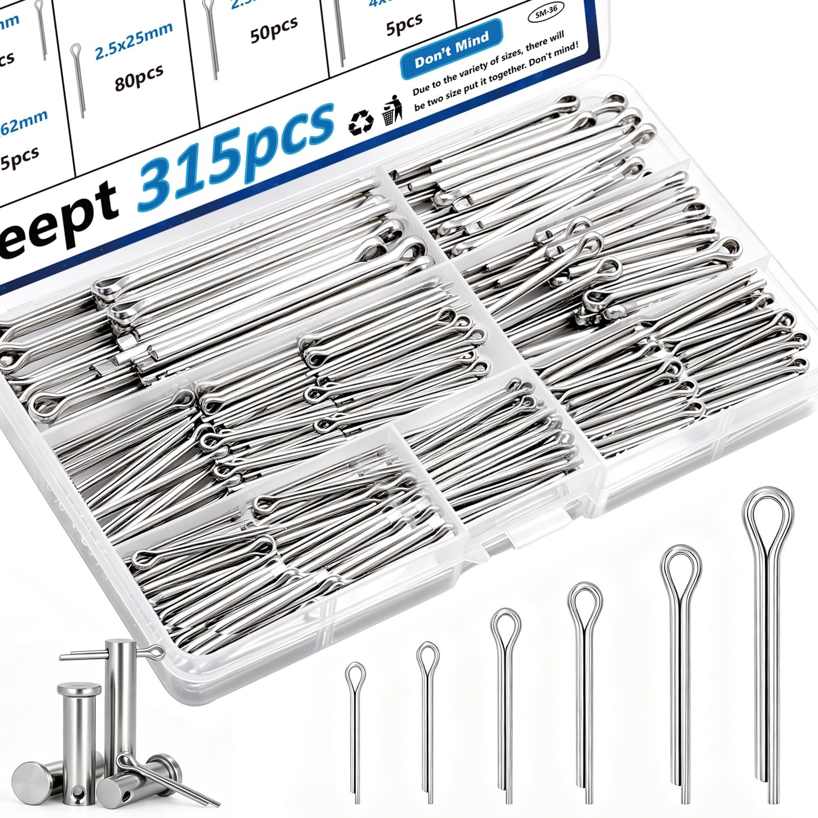 Seept 315Pcs Cotter Pins Zinc Plated 6-sizes, Silver