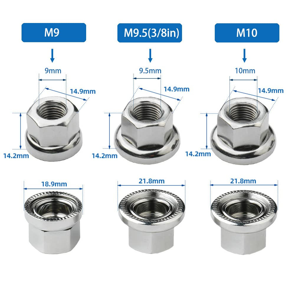 6Pcs Wheel Hub Nut Flanged Axle Nut 3 Sizes M8/3/8/M10 for Front and Rear Bike W