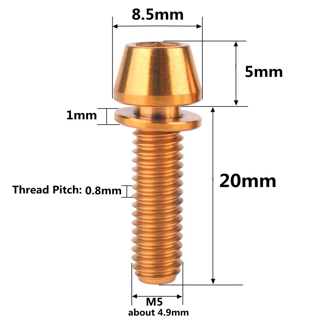 Titanium Bolt M5x16 18 20mm Allen Hex Tapered Head Washer 6Pcs (Gold, M5x20mm)
